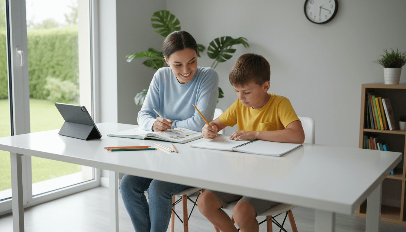 Tutor helping a young student with homework at a bright, modern desk