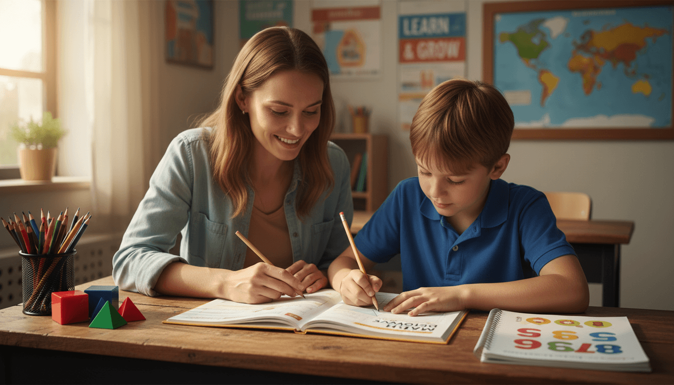 Tutor sitting beside an elementary student doing homework at a bright table