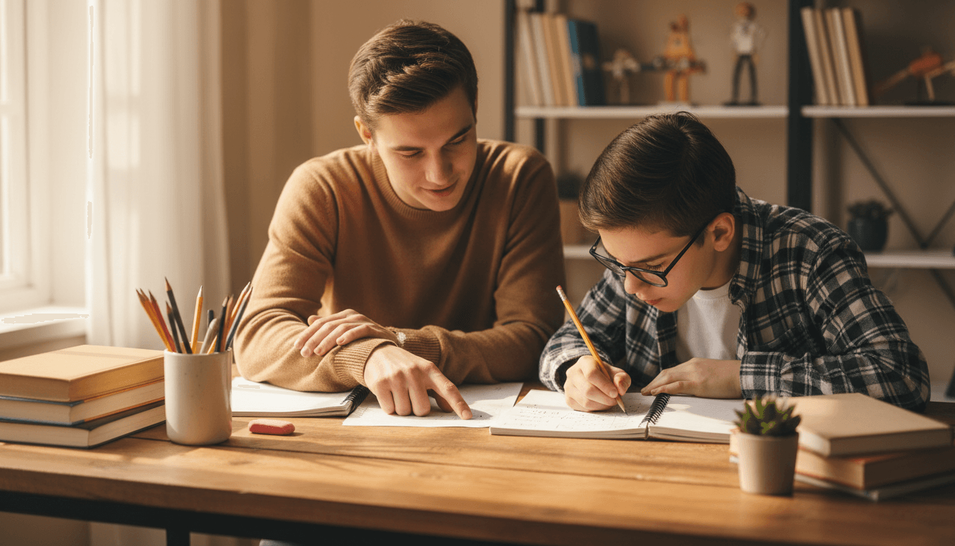 Tutor sitting beside a student, reviewing notes at a bright table
