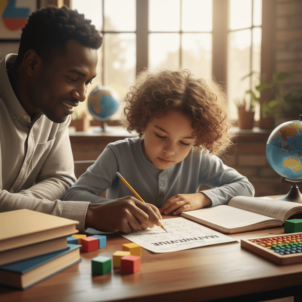 Tutor helping an elementary student with homework at a bright kitchen table